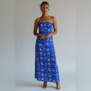 Paper Heart Strapless Linen Blue Printed Postal Coastal Beach Maxi Dress Medium
